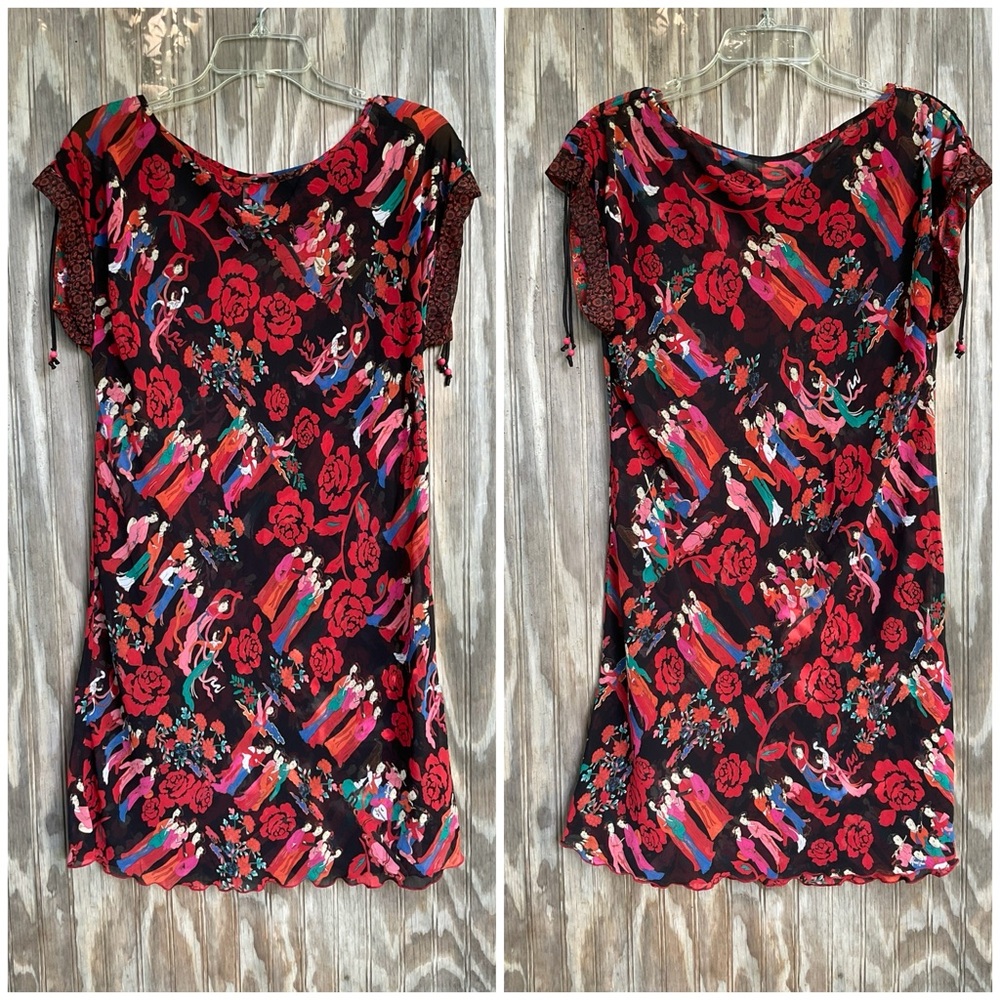 90s Josie Natori Asian Drawstring Semi Sheer Mini Dress Nightgown